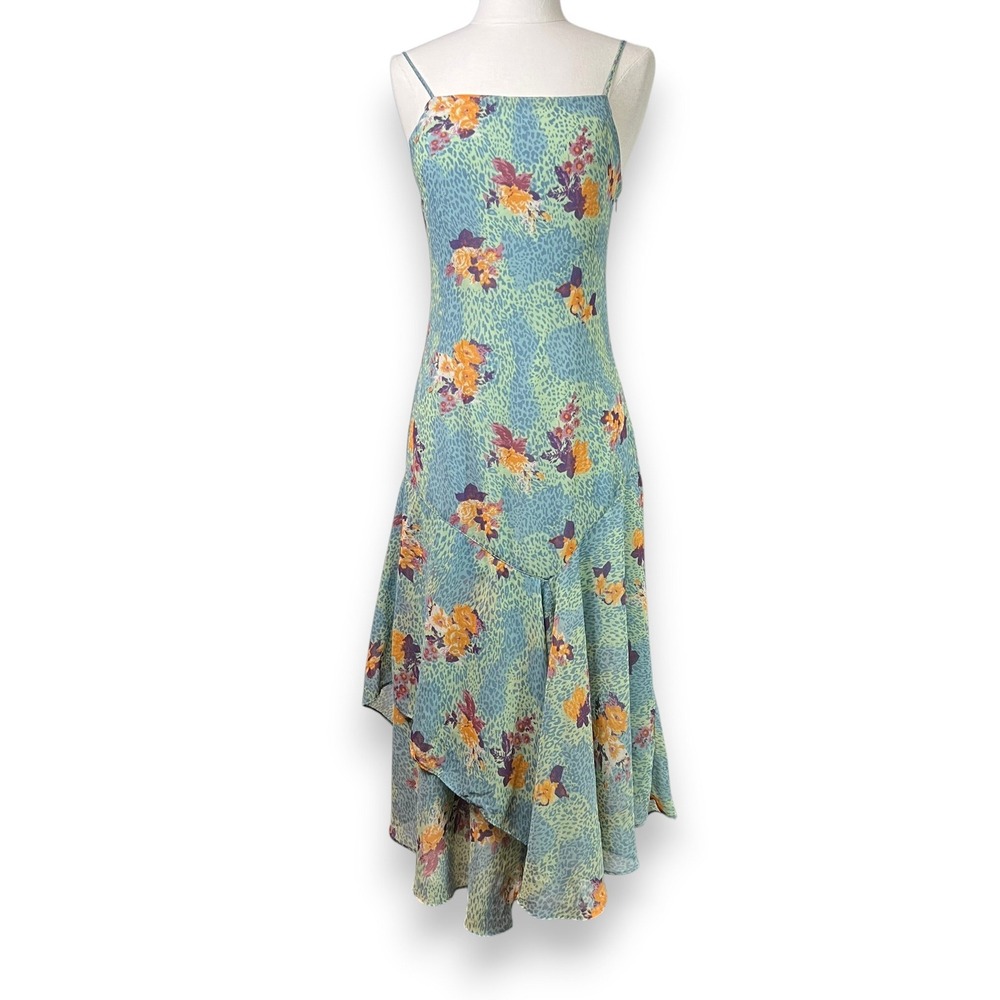 Urban Outfitters Floral Leopard Asymmetric Ruffle Slip Dress Small Midi Mint
